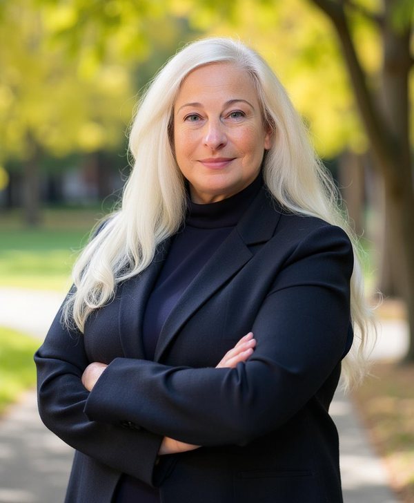 Portrait of Rachel Timberlake, founder and CEO of Sunstone Advisory, with long white hair and a navy blazer, arms crossed, in front of autumn trees